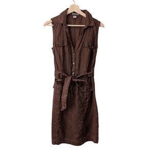 H&M Safari Dress 100% Linen Brown Button Up Front Belted Cargo Pockets Size 10